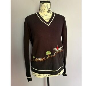 Vintage French Blue Sweater‎ Fox Hunting Equestrian Embroidery White Trim V-Neck